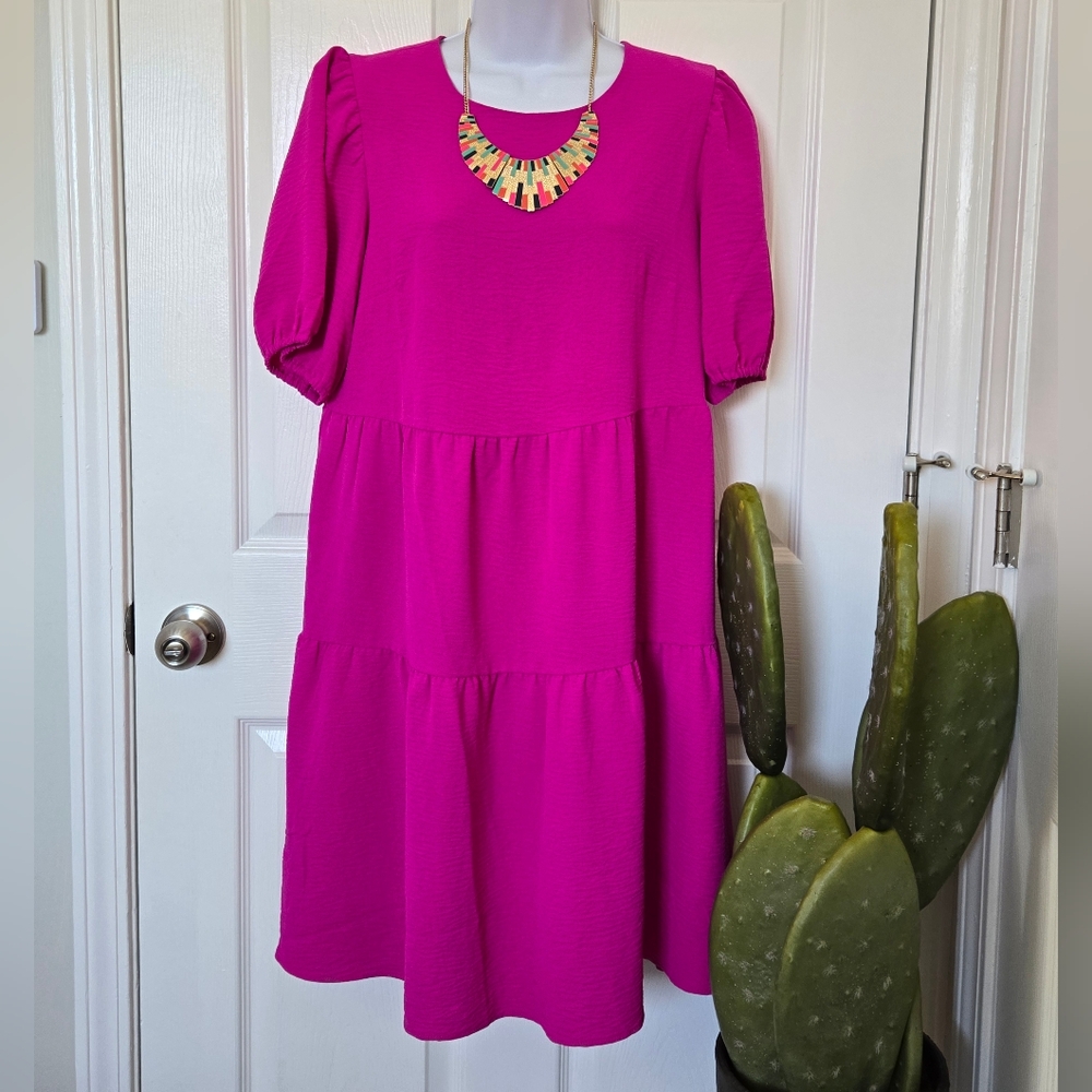 DKNY | Raspberry Knee Length Tiered Dress, Size 10
